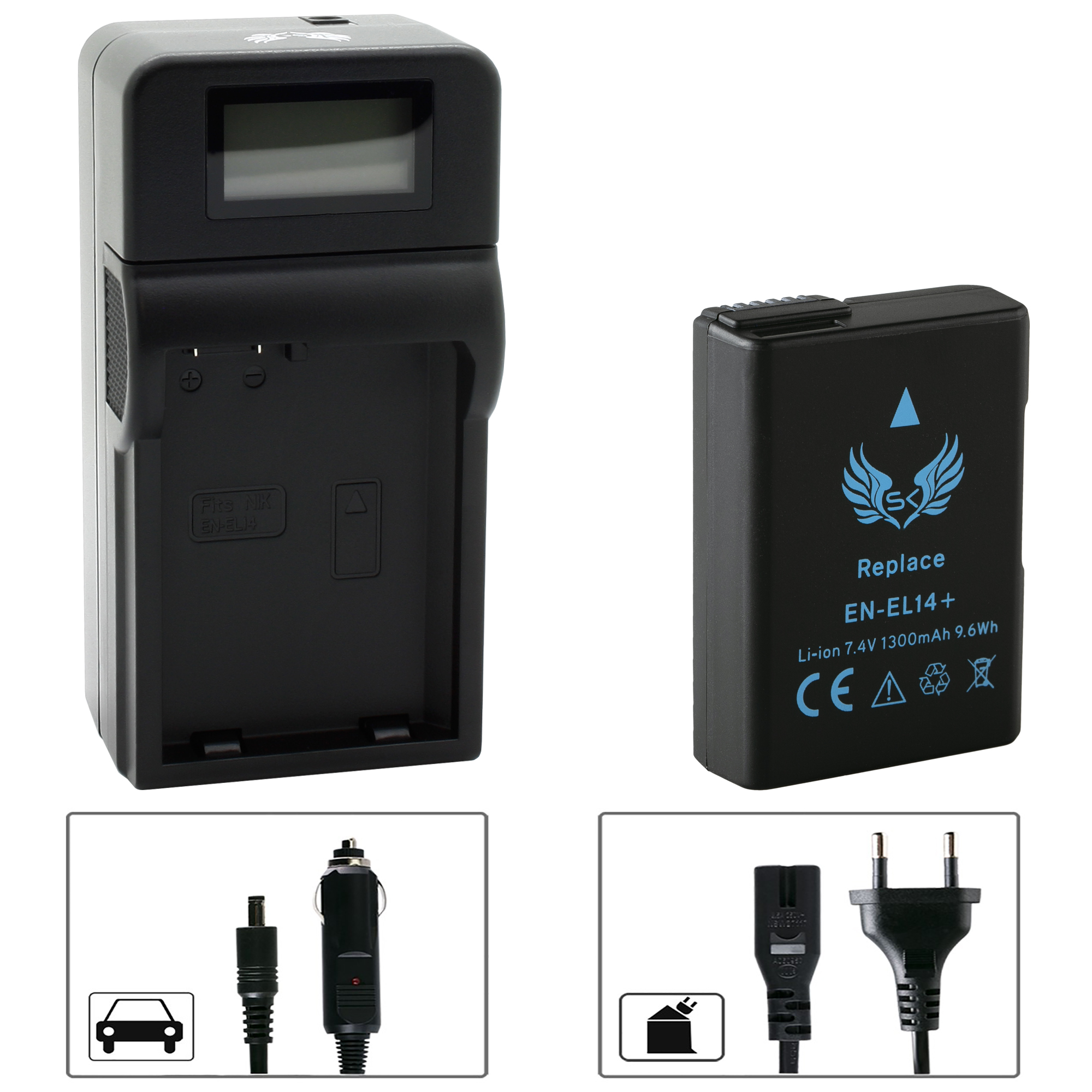 SK Akku für Nikon EN-EL14 1300mAh + Speed Charger EN-EL14a | 60421-90111-90339