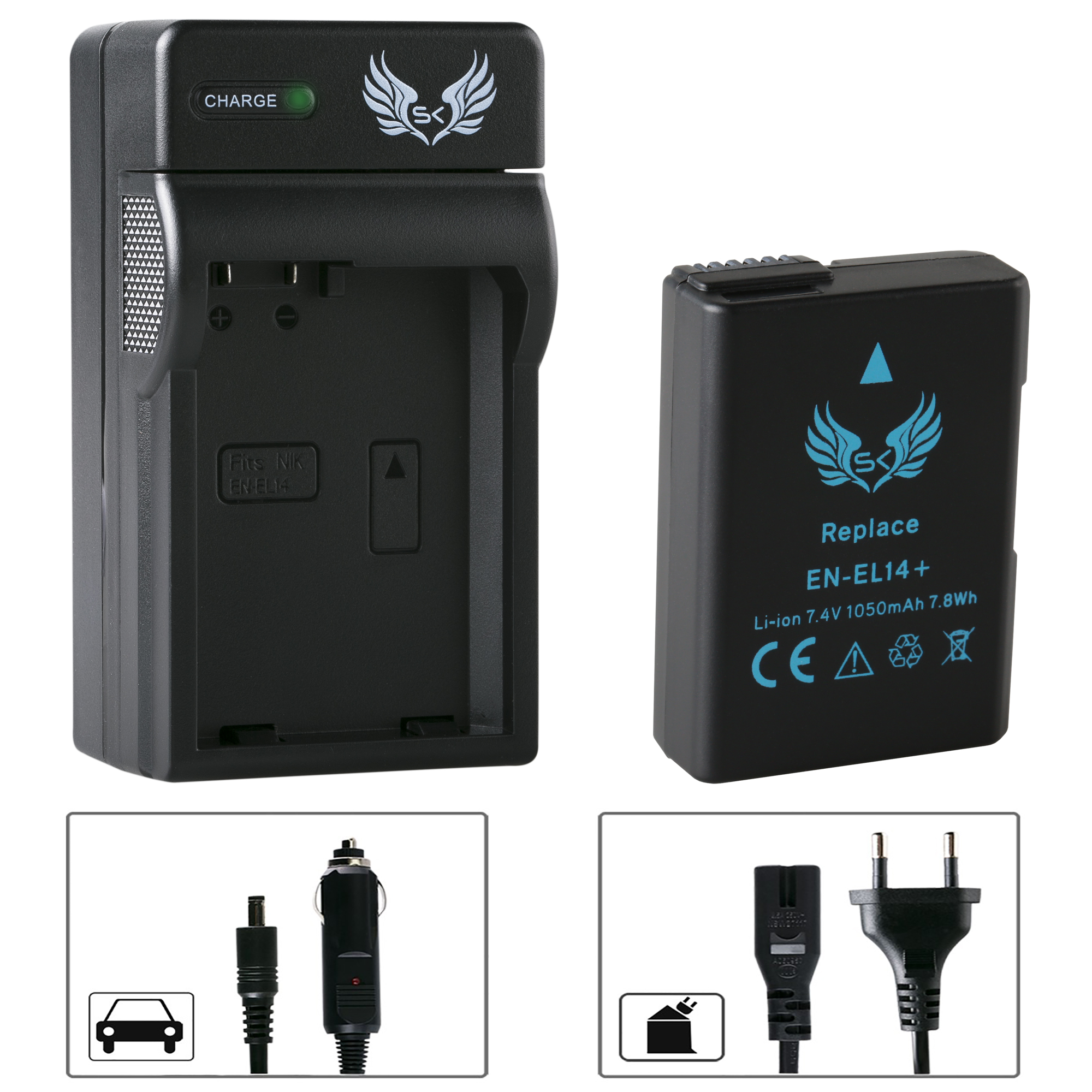 SK Akku für Nikon EN-EL14 1050mAh + Charger EN-EL14a DF D3500 |65206-90263-90339