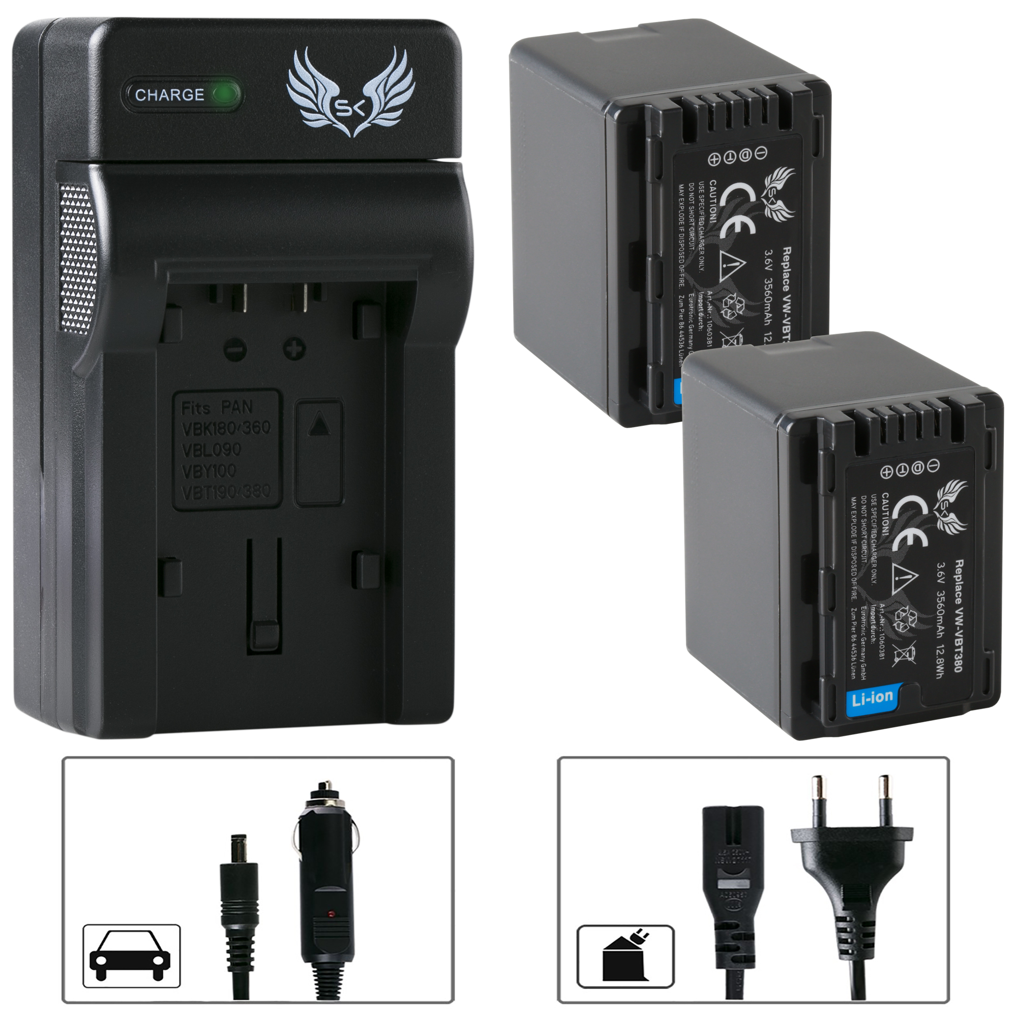 2x SK Akku für Panasonic VW-VBT380 E-K + Ladegerät 1060381 90262 90366